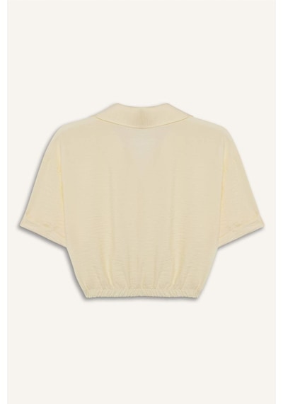 Defacto Cropped Fit Gömlek Yaka Keten Görünümlü Kısa Kollu Bluz C7799ax25sper135 Ekru