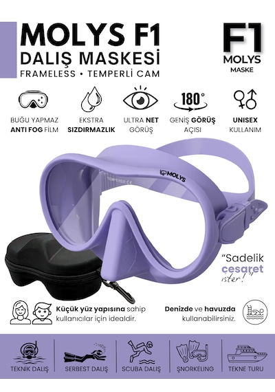 Molys F1 Pro Dalış Maskesi + Antı Fog Buğu Önleyici Film + Dalış Maskesi Kutusu Küçük Yüz Yapısı İçin İdeal Lila