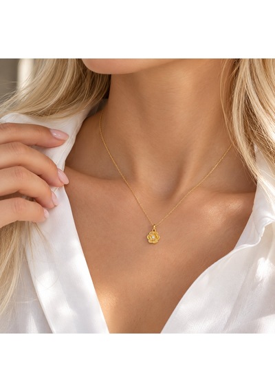 925 Ayar Gümüş Altın Kaplama Taşlı Minimal Çiçek Kolye Gold