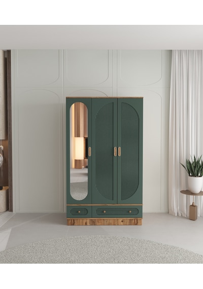 Soho 3 Kapaklı Çekmeceli Bazalı Gardırop - Tamamı Mdf Yeşil