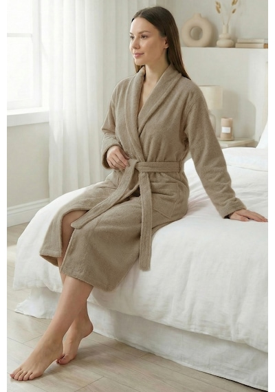 Luxury Spa Collection %100 Pamuk Uzun Boy Şal Yaka Bornoz Yoğun Ve Dolgun Doku - Bej Renk Bej/l/xl Bej