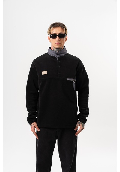 Respire Erkek Düğme Detaylı Oversize Polar Sweatshirt Siyah
