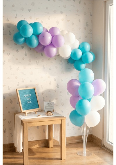 Deniz Kızı Deniz Altı Doğum Günü Süsleme Deluxe Set Mavi Keçe Yazı Panosu Standlı Pompa Balon Zincirli 7 Li Şeffaf Balon Standlı 1 - 12 Yaş