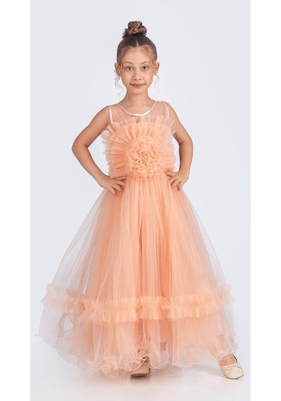 Mnk Baby & Kids Uzun Etekli , Askılı Kız Cocuk Gül Motif Abiye Elbise M00670 SOMON
