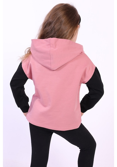 Toontoy Kız Çocuk Kapüşonlu Blok Renkli Sweatshirt Gülkurusu
