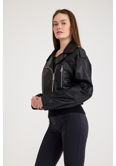 Fit Biker Kısa Bayan Deri Ceket Vb-17-bk-2426-23219 Siyah