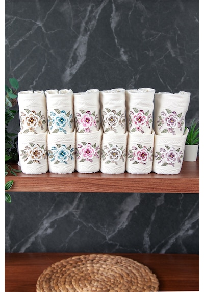 %100 Pamuklu 3d Çiçek İşlemeli 12 Li Analı Kızlı Çeyizlik Havlu Seti 50x90 Cm - 00030 Beyaz