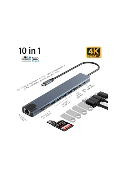 Lexroo Cr20 10in1 Mac-book Thunderbolt 3 Uyumlu Adaptör Çevirici Hub Type-c'den 4k30hz Hdmı, Usb 3.0