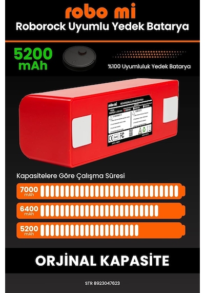 Robo Mi Robot Süpürge Bataryası, Roborock S7 İle Uyumlu 5200 Mah, Yedek Pil, Kırmızı Tek Renk