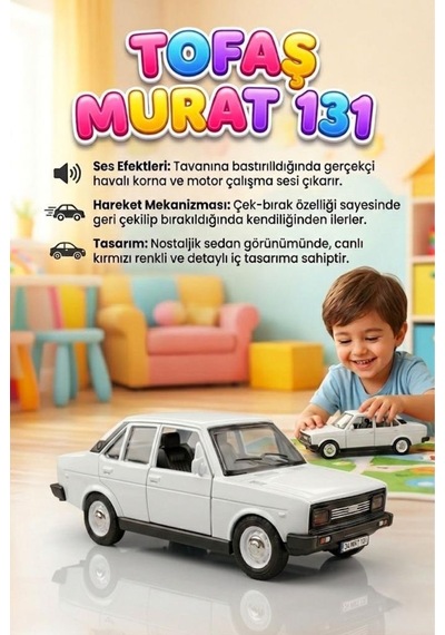 Nostaljik Tofaş Murat 131 Oyuncak Araba Işıklı, Çek-bırak Mekanizmalı Oyuncak Araba