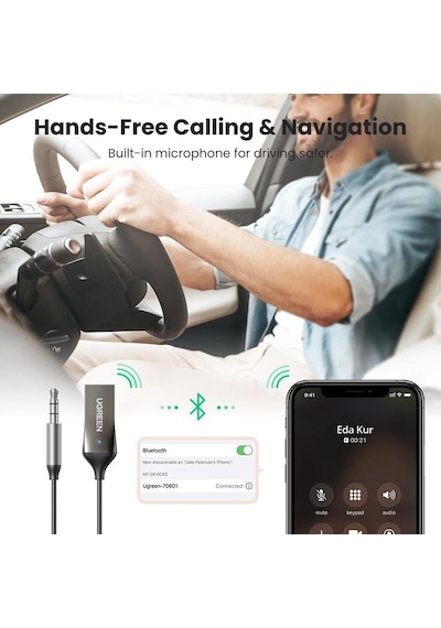 Ugreen 70601 3.5mm Aux Bluetooth 5.0 Alıcı Adaptör Araç Kiti