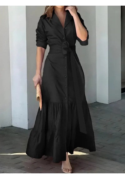Alyn Wear Kadın Uzun Kollu Eteği Fırfırlı Beli Kuşaklı Trikoton Tam Boy Gömlek Elbise Siyah
