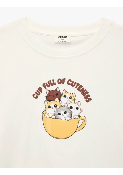 Koton Kedi Baskılı Ekru Kız Çocuk T-shirt 6skg10586ak
