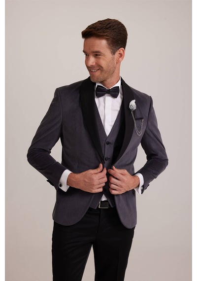 Ysf Erkek Gri Şal Yaka Yelekli Slim Fit Damatlık