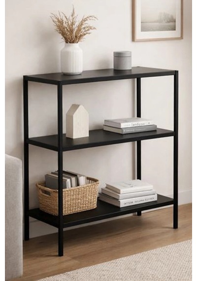Vesta Modern Tasarım 3 Raflı Siyah Metal Kitaplık & Dekoratif Konsol Ahşap - Siyah Vesta Modern Tasarım 3 Raflı Siyah Metal Kitaplık & Dekoratif Konsol Ahşap - Siyah
