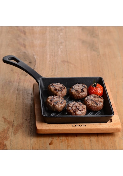 Lava Döküm Mini Izgara Tava. Saplı. Kare. Ahşap Altlıklı.