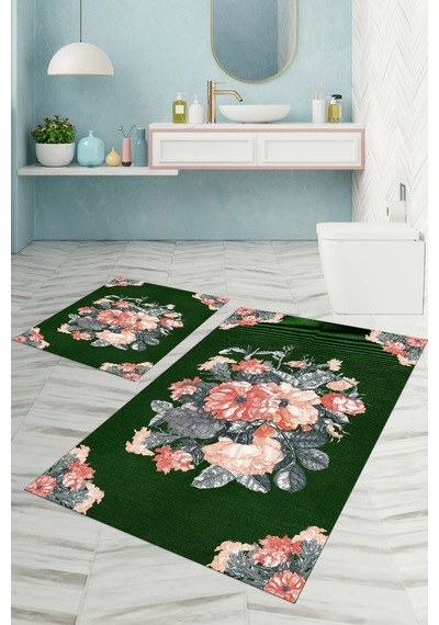 Buççin Online Mağaza Dijital Baskılı Yıkanabilir Kaymaz Taban Çiçek Detaylı Banyo Paspası Klozet Takımı Polyester Yeşil Çok Renkli