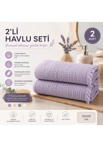 2'li Yüz Havlusu Seti 50x90 Cm Pamuklu El Havlusu Püsküllü Yumuşak Dokulu Yüksek Emici Günlük Kullanım Lila