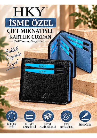Hky İsme Özel Hakiki Deri Çift Mıknatıslı Erkek Cüzdan Kartlık Siyah - Mavi