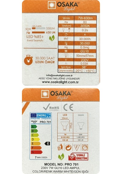 3 Adet Osaka 7w 50w Sarı Işık 3000k Gu10 Duylu Led Spot Ampul