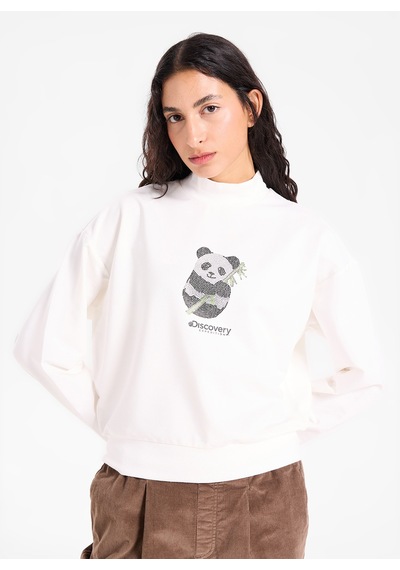 Discovery Expedition D6wl-swt3523 Kırık Beyaz Kadın Bisiklet Yaka Crop Sweatshirt