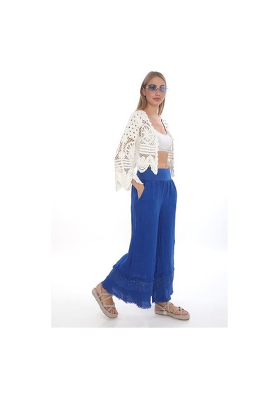 Eren Style İtalyan Fisto Detaylı Keten Pantolon-9186 Saks Mavi