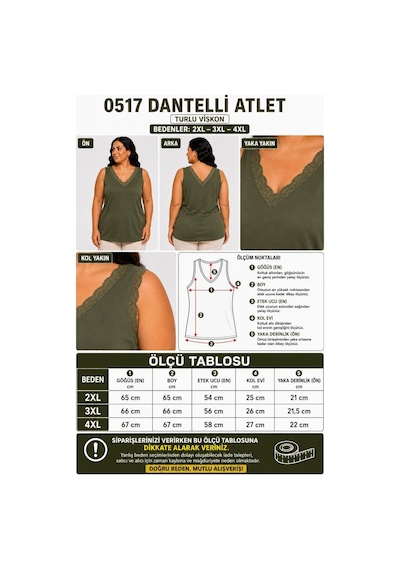 Gülmina Moda Kadın Ön Arka V Yaka Dantelli Atlet - Haki