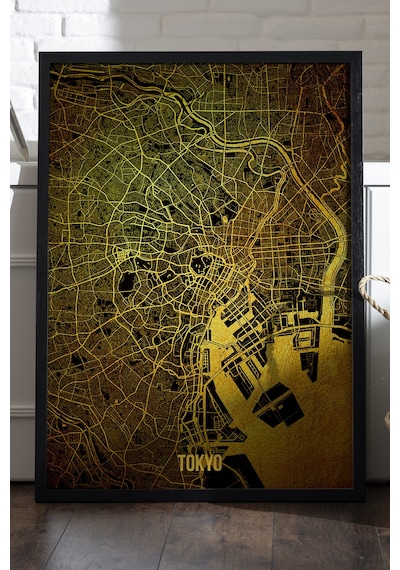 Tokyo Şehir Haritası Siyah Ahşap Çerçeveli Poster, Dekoratif Harita Duvar Tablosu
