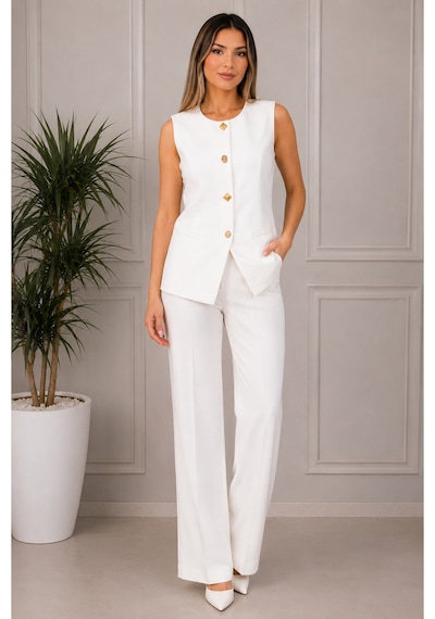Gül&can Butik Kadın Beyaz Yelek Pantolon Takım Şık Ve Modern Beyaz