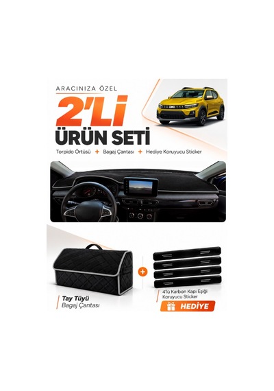 Dacıa Sandero 2022-2026 Ekranlı Uyumlu Torpido Örtüsü + Tay Tüyü Bagaj Çantası Seti - Siyah Gri