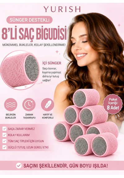 8 Li Sünger Destekli Saç Bigudisi Isısız Bukle Ve Hacim Veren Toz Pembe Set Açık Pembe