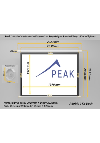 Peak M100 200x200 Cm Motorlu Kumandalı Projeksiyon Perdesi-beyaz Kasa