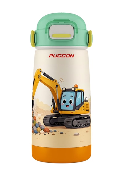 Puccon Erkek Çocuk Yeşil Sarı İş Makinesi Desenli 420 Ml Pipetli Çelik Matara Termos Sızdırma Yapmaz 60040 Çok Renkli