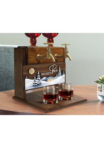 Bk Gift Kişiye Özel Kabartma Kış Tasarımlı İsimli Çift Musluklu Doğal Ahşap İçki Standı-1, İçki Standı, Doğum Günü Hediyesi, Ev Hediyesi Bitmeyen13762