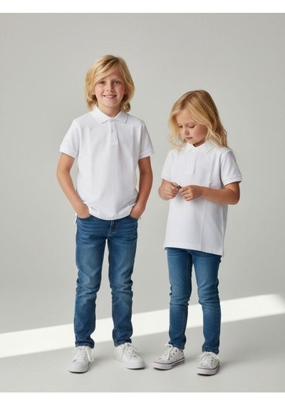 Zekids Çocuk Pamuklu Yakalı Kısa Kollu Beyaz T-shirt-16777 Beyaz