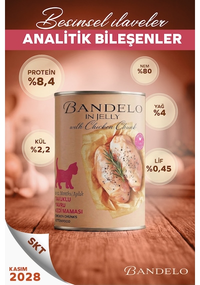 Tavuklu Yavru Yaş Konserve Kedi Maması - %100 Hayvansal Proteinli Jöleli Parça Etli,400 Gr X 12 Adet