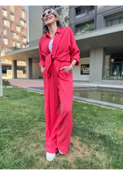 Kadın Gofre Alt Üst Gömlek Fuşya Pantolon Takım - S504472 Pembe