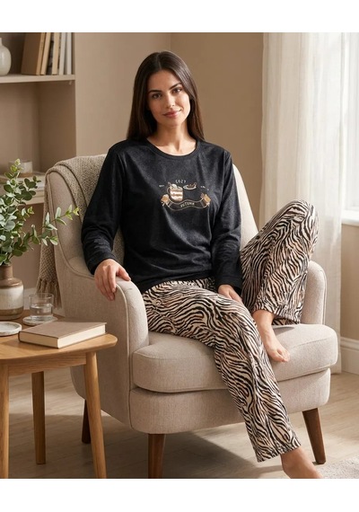 Kadın Kadife Siyah Desenli Alt Üst Pijama Takımı Siyah Kahve