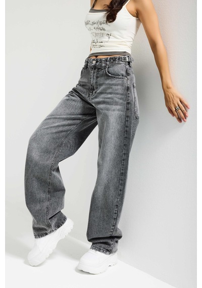 Itsbasic Kadın Füme 4s6-13 Baggy Fit Bol Kesim %100 Koton Denim Jean