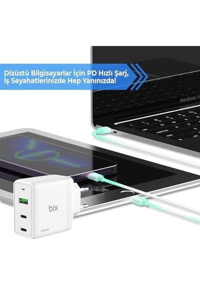 Bx3p65g 65w Gan Qualcom 4.0 2 Type-c & Usb-a 3 Portlu, Macbook Air, İpad Air, 17/16/15/14/14 Max /13/13 Max, Galaxy S24/s23/s22/s21 Uyumlu Bx-3p65g Şarj Cihazı Beyaz