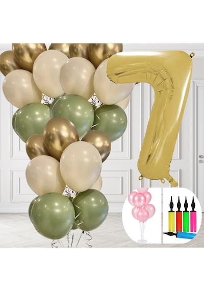 7 Yaş Balon Standlı Ve Pompalı Retro Küf Yeşili Krom Gold Kum Beji Balon Seti Gold Rakam Süsleme Çok Renkli