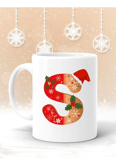 S Harf Baskılı Yılbaşına Özel Kupa Bardak - Yılbaşı Kupa - Noel Hediye - Yılbaşı Hediyesi Beyaz