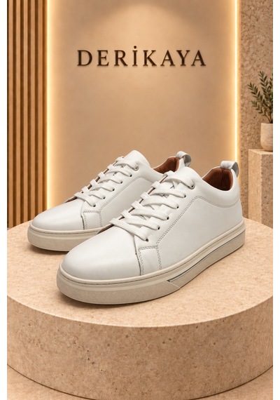 Deri Kaya Erkek Minimal Tasarım Bağcıklı Günlük Sneaker Spor Ayakkabı Beyaz