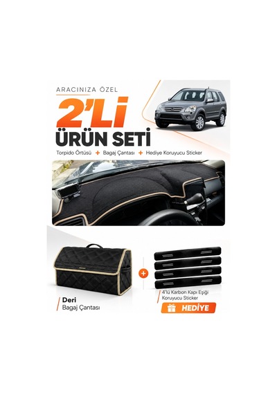 Honda Cr-v 2000-2006 Uyumlu Torpido Örtüsü + Deri Bagaj Çantası + Sticker Seti - Siyah Bej