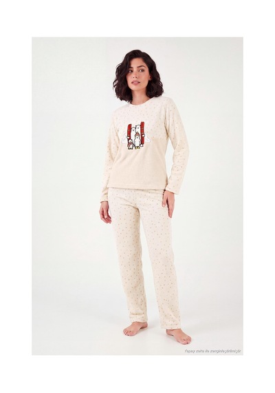 Lela Desenli Yumuşak Dokulu Kışlık Polar Pijama Takımı Kadın Pijama Takımı 6575031 Ekru