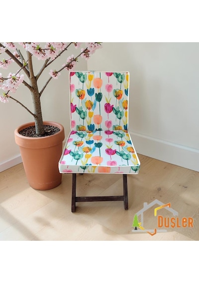 Tr 40x80 Rengarenk Lale Desenli Su Ve Leke İtici Duck Kumaş Fermuarlı Bağcıklı Biyeli Sandalye Minderi 5 Cm Genel