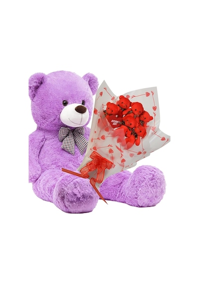 Sevimli 90 Cm Peluş Ayı İle Premium Yumoş Kırmızı Peluş Ayıcık Buketi Lila Genel