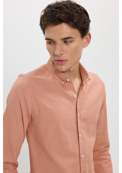 Tudors Erkek Slim Fit Dar Kesim %100 Pamuk Düğmeli Yaka Flam Keten Turuncu Gömlek-50269