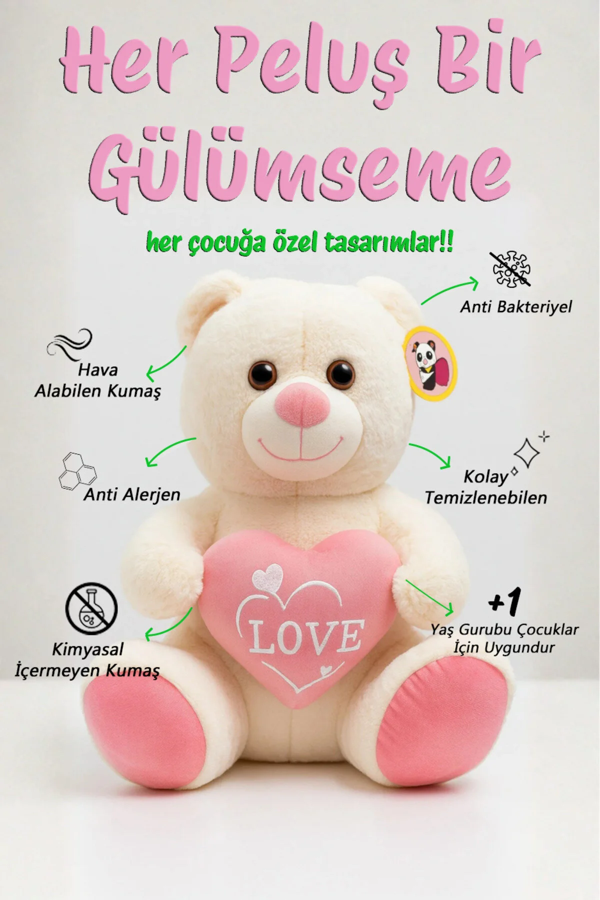 Ayıcık Kalpli Peluş Oyuncak 55 Cm - Sevimli & Yumuşak Beyaz
