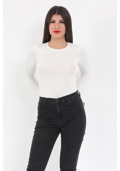 Giysa Kadın Ekru Bisiklet Yaka Uzun Kollu Esnek Çıtçıtlı Body Zıbın - 2439 Ekru